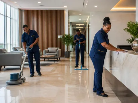 Equipa ADONDO a realizar limpeza profissional num edifício corporativo em Maputo